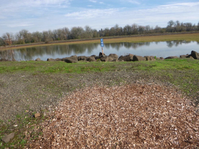 Bark chips trail transitions to natural surface with some gravel and grass – pond with boulders on the edge
